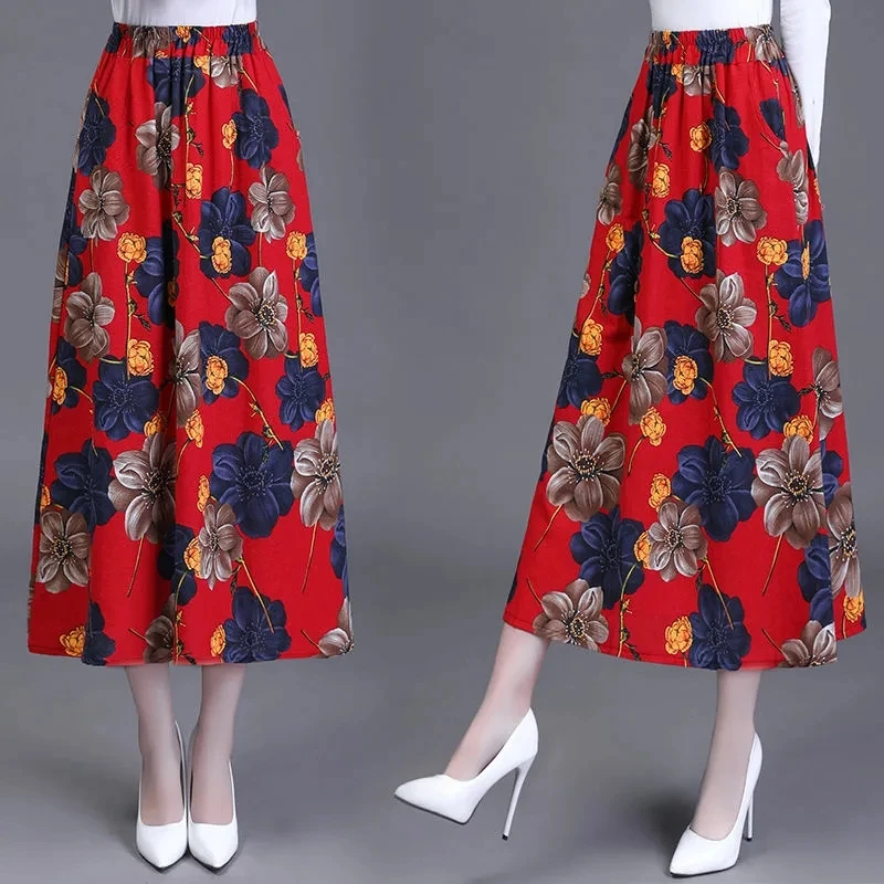 Large Size Retro Linen Long Skirt Women Summer High Waist A-line Skirts Korean Loose Flower Print Cotton Linen Dance Skirts 4XL