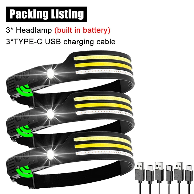 ZHIYU Induktionsscheinwerfer, COB-LED-Sensor, Stirnlampe, eingebauter Akku, Taschenlampe, wiederaufladbar über USB, Stirnlampe, 10 Beleuchtungsmodi, Scheinwerfer 3