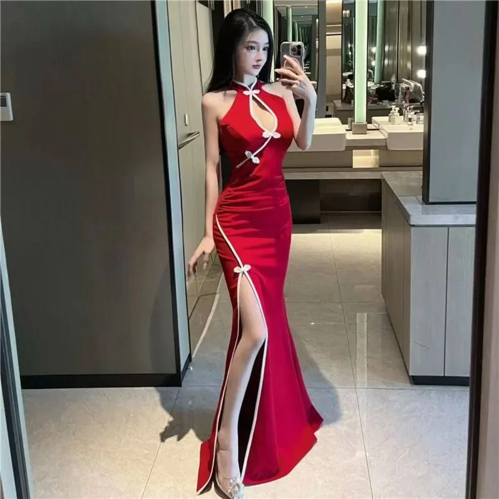 

Modern Cheongsam Sexy Young Ladies Retro Chinese Slim Long Qipao Fishtail Sexy Oriental Black Blue Red Qipao Dress Plus Sizes