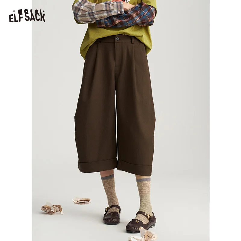 ELFSACK Women Vintage Cropped Balloon Pants, Loose Pleated Capri Trousers with Roll‑Up Hem for Fall Daily Casual Wear