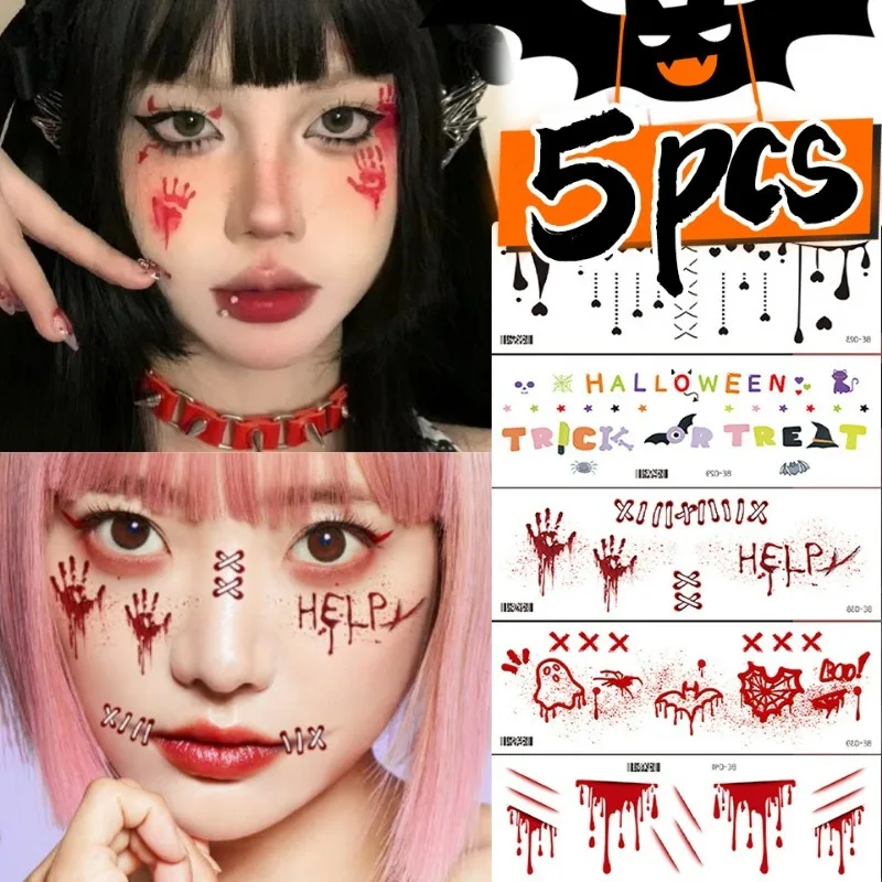 1/5Pcs Temporary Tattoo Stickers Halloween Horrible Theme for Women Men Lasting Waterproof Party Wound Scar Makeup Tattoos