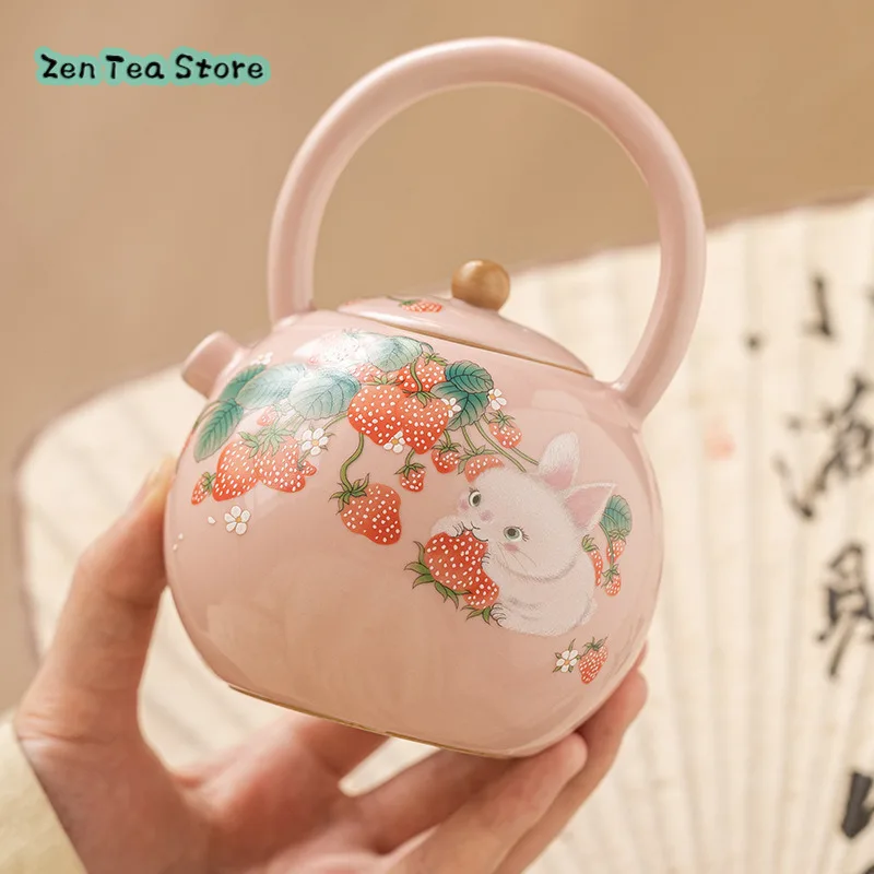 Strawberry Rabbit Ru Kiln Teapot Tea Lifting Beam Pot Ladies High Appearance Level Chinese Ceramic Tea Set Teapot Single Pot