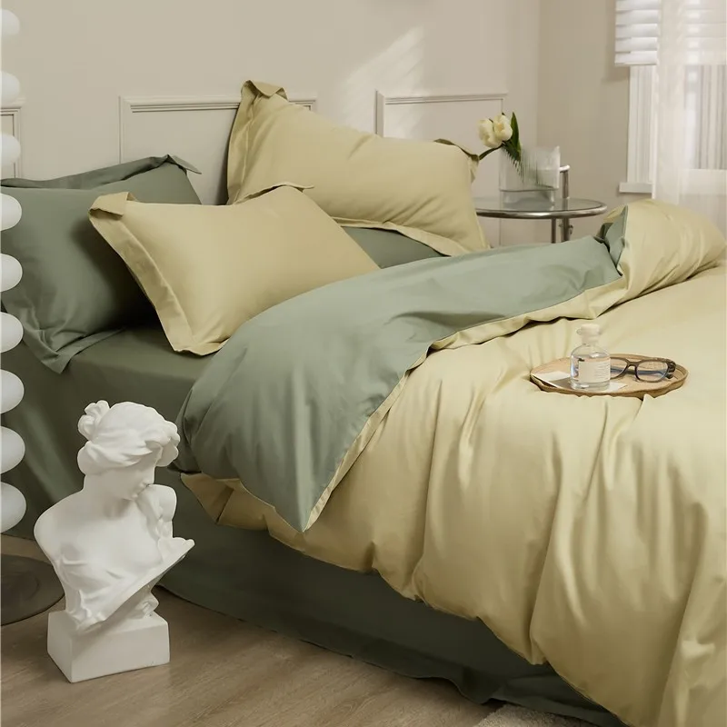 

100-count Xinjiang long-staple cotton four-piece bedding set - Simple satin solid color all-cotton four-piece bedding set with 1