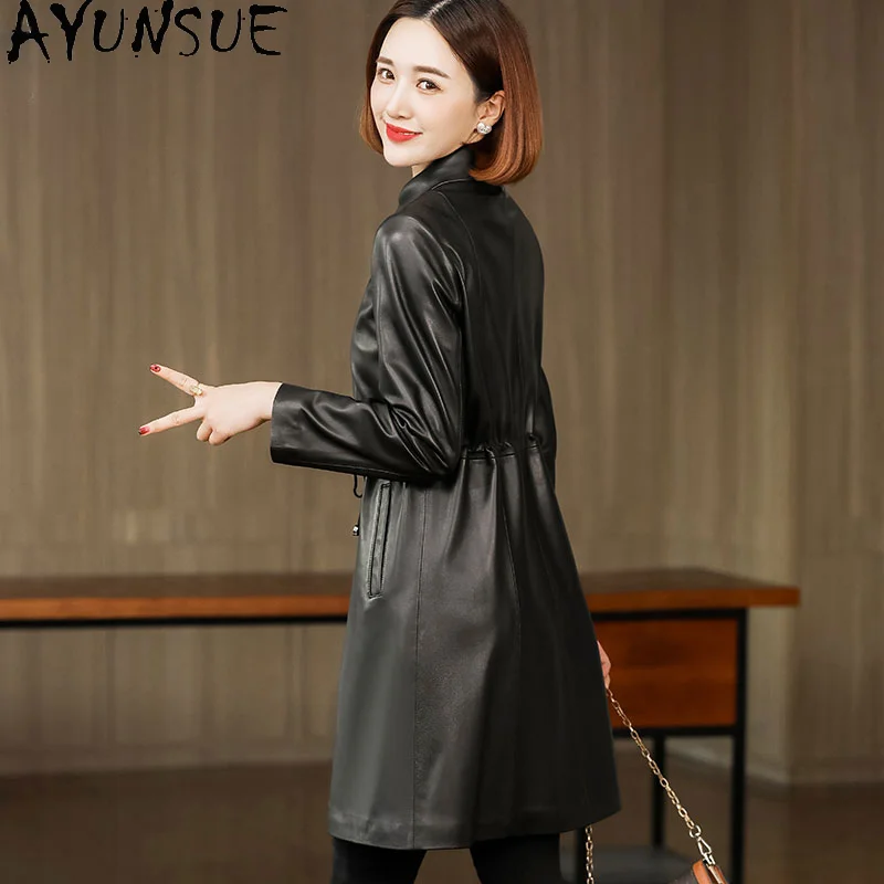 

AYUNSUE 100% Genuine Leather Jacket Women 2023 Mid-length Sheepskin Leather Jackets Black Leather Coat Slim chaqueta de cuero