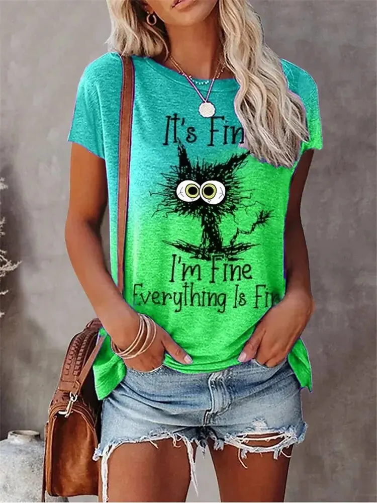 Camisetas con estampado 3D de gatos de dibujos animados para mujer, ropa de calle informal a la moda, camiseta de manga corta con cuello redondo,