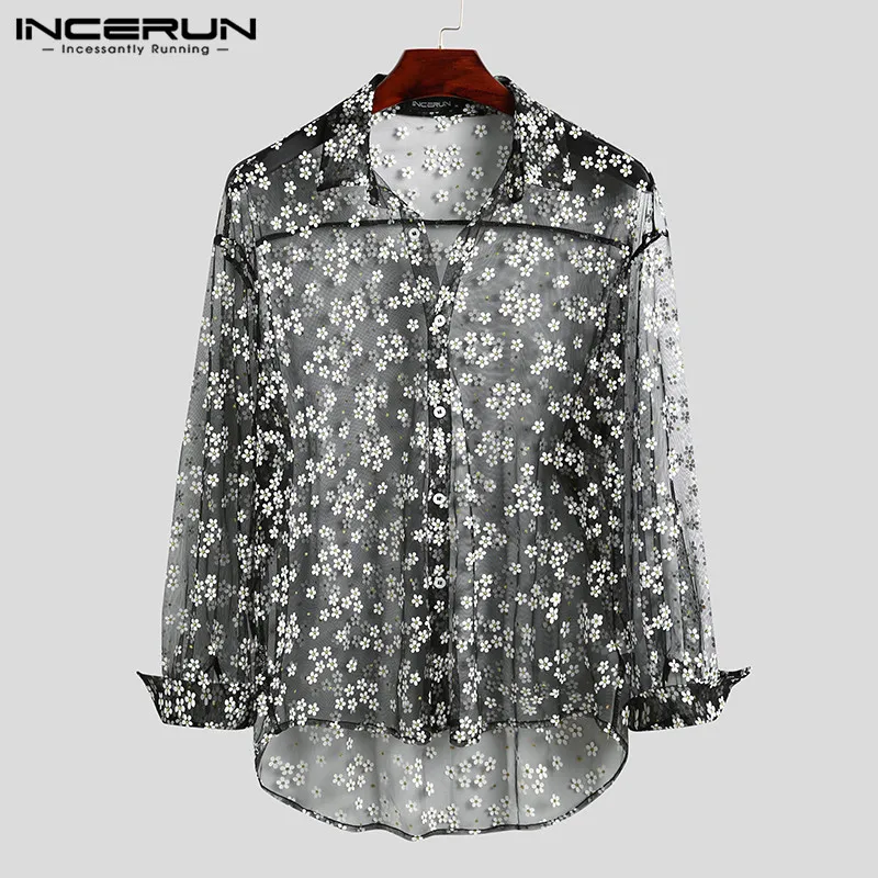 INCERUN Tops 2024 Mens Long Sleeve Mesh Shirts Casual Printing Shirt Man See Through Loose Blouse Fashion Party Lapel Blouse 5XL