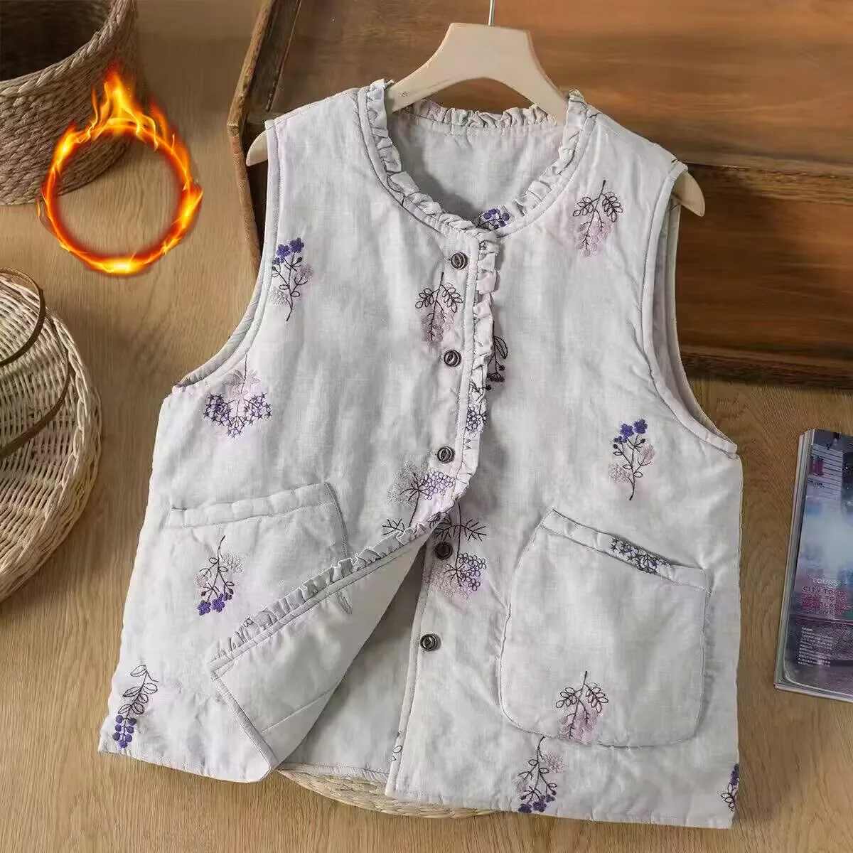 Warmth in Bloom Purple Floral Print Cotton Vest Women's Winter Frock Coat Style Large Size High End Vest Artistic Touches