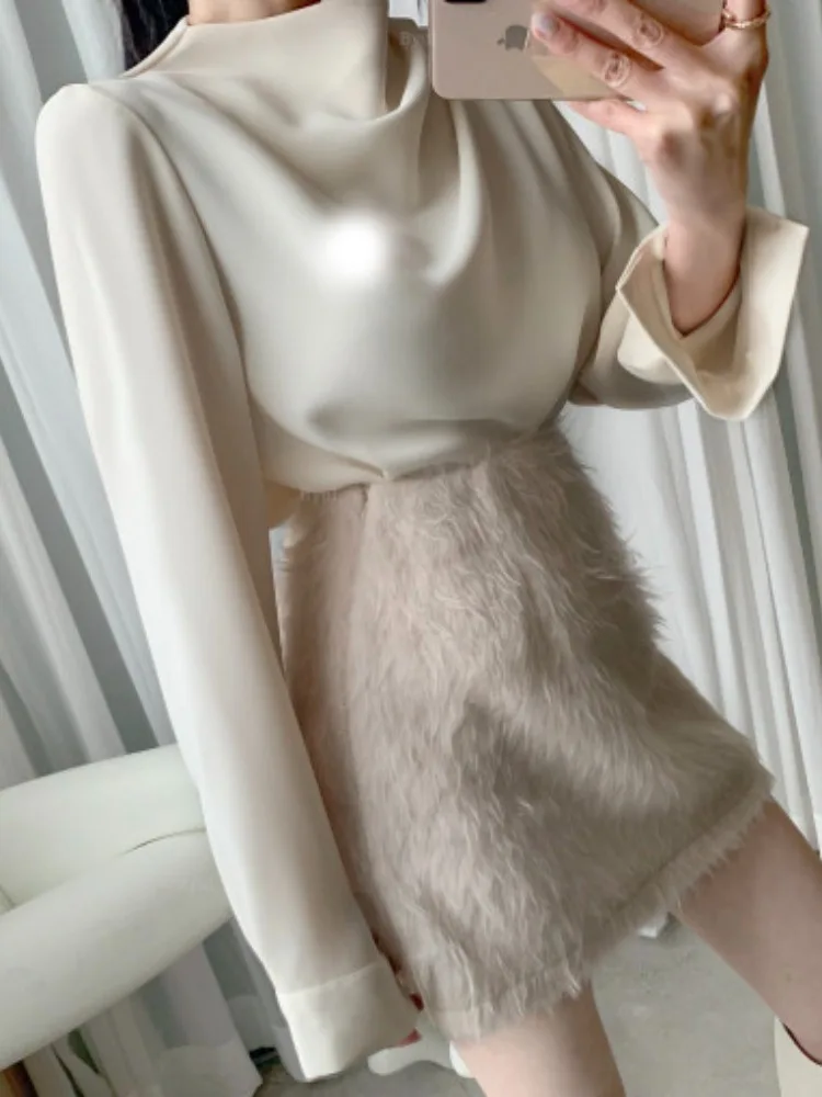 Ele Chic Pure Color Long Sve Round Ne Loose Damen Irt Casual Vielseitiges Frühlingsfaion Top Quali Polyester