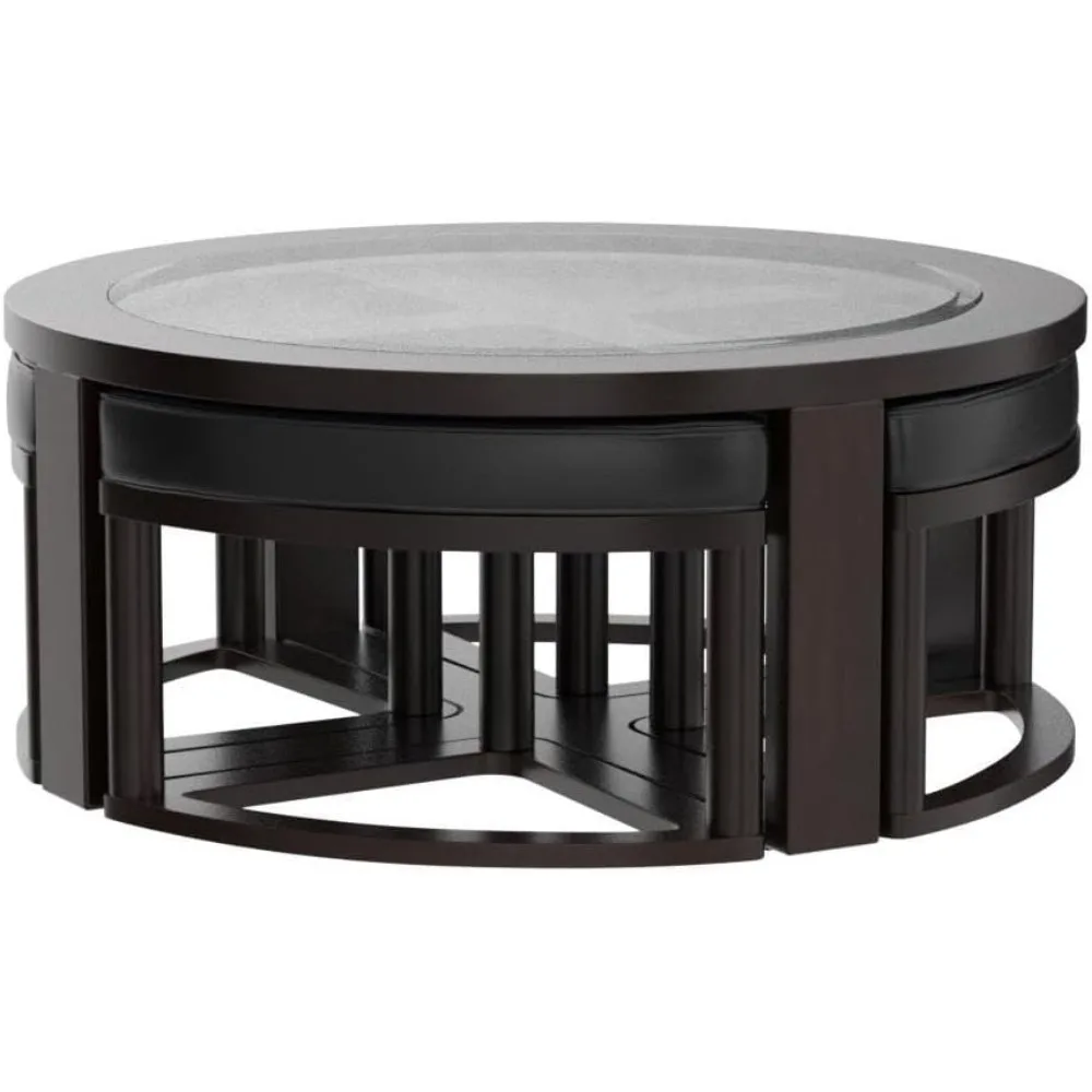 Solid Wood Glass Top Round Coffee Table with 4 Stools, Espresso