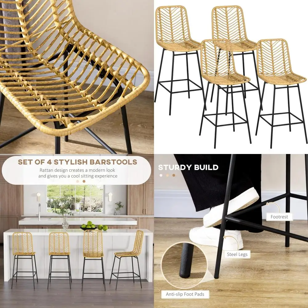 

Набор из 4 барных стульев из ротанга, высота 66 см, стулья для кухонного острова в стиле бохо с дышащим плетеным сиденьем и спинкой, желтые