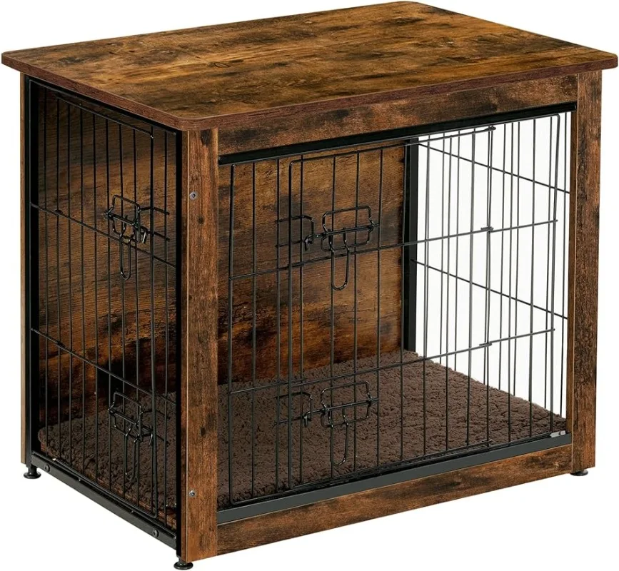 

DWANTON Dog Crate Furniture with Cushion, Wooden Dog Crate with Double Doors, Dog Kennel Indoor, End Table, Small, Rustic Brown