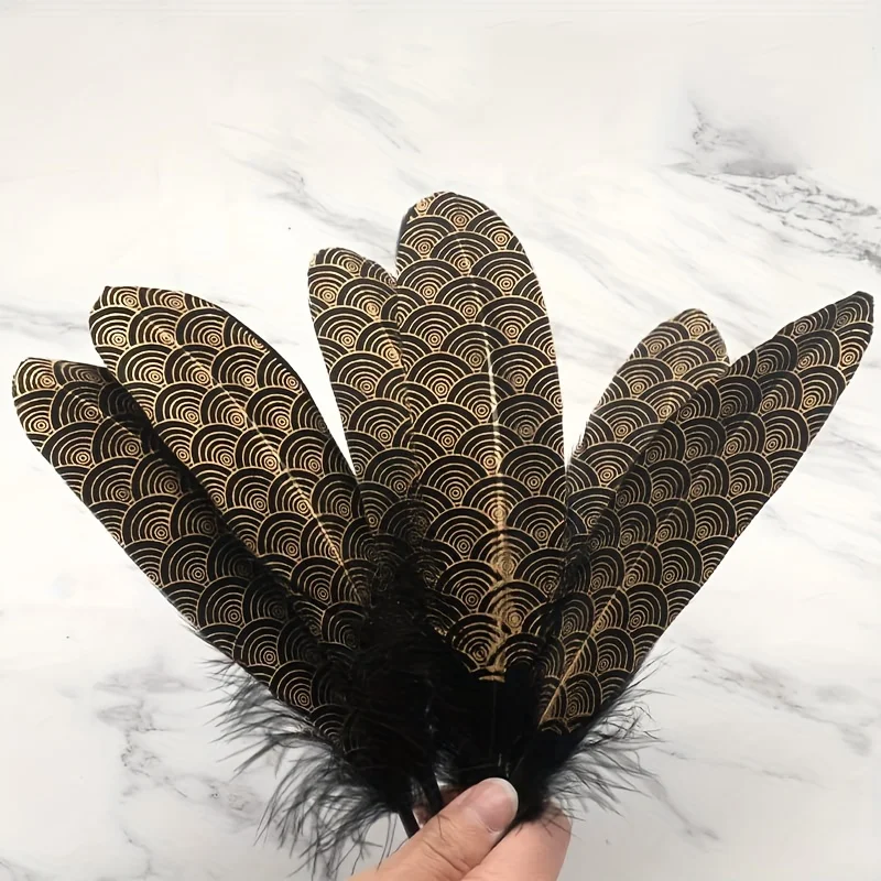 30 Pcs Black Goose Feathers Gold Dipped Cloud Pattern for Halloween Crafts DIY Wedding Party Decorations