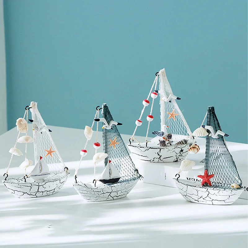 Mediterranean Style Wooden Sailboat Model, Mini Nautical Ship Ornament for Home Decor