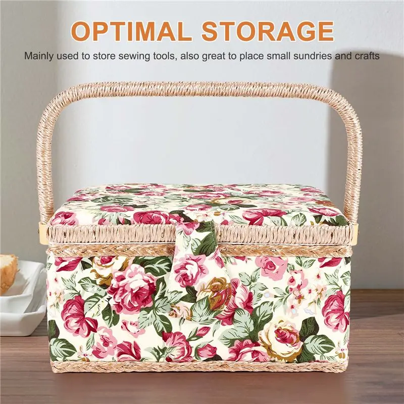 A11E-Extra Large Sewing Basket,Vintage Sewing Basket,For Needles, Thread, Tape Measure, And Other Sewing Supplies Storage