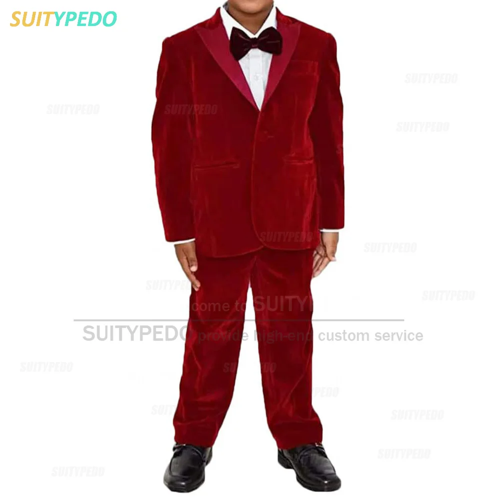 Boy's Suit Set Velvet Peak Lapel Outfit Children Graduation Host Jacket Pants 2 Pcs Tailor-made Slim Fit Evening Party Costume