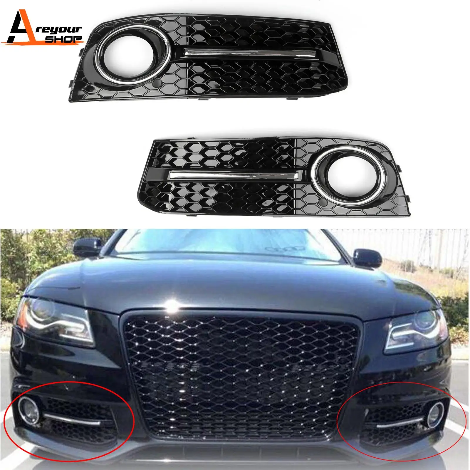 Areyourshop LH+RH Chrome Honey Comb Fog Light Cover Grille Grills For Audi A4 B8 2009-2012 Car Parts