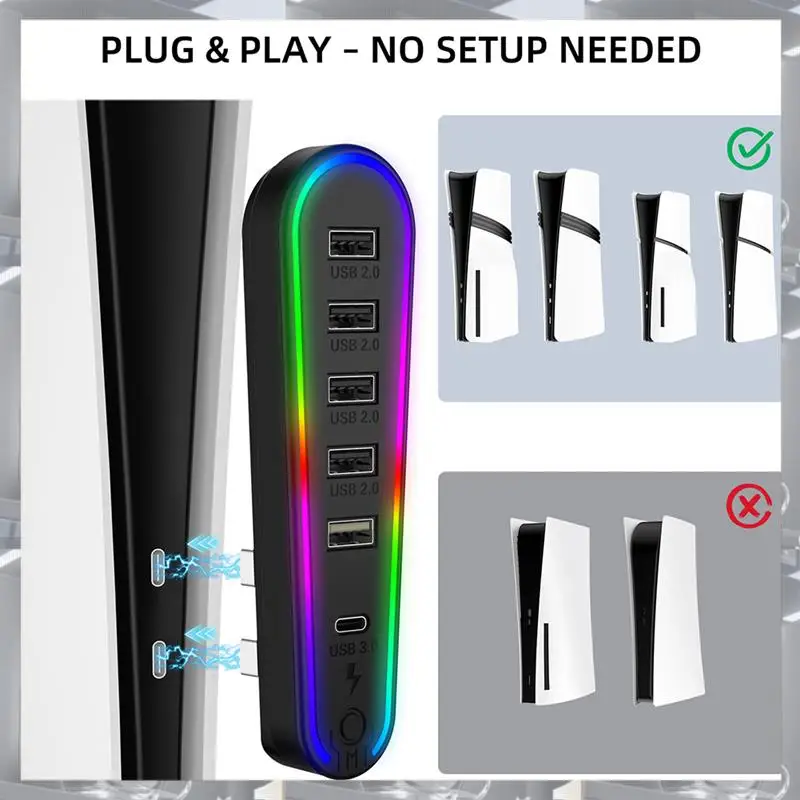 Hot Selling-6-In-1 USB 2.0 HUB For PS5 PRO/Slim Host USB Expansion Hub Splitter Data Transmission Extender With RGB Light,6-In-1