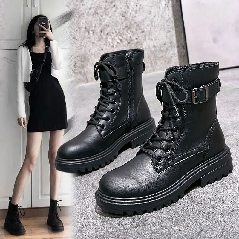

Casual Mid-Calf Boots Thick Bottom Black Knight Boots for Women Spring Summer Fashionable All-Match Short Boots