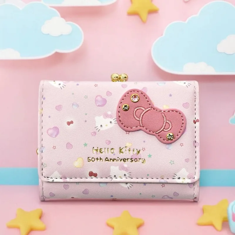 50. Jahrestag Hello Kitty Kawaii Brieftasche Kurz Cartoon Sanrio Girly Herz Niedlich Dreifach Kreative Geldbörse Geschenk Großhandel