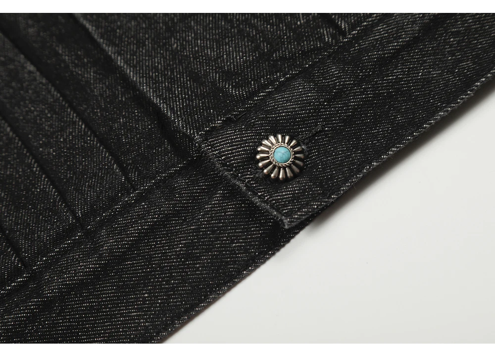 Herren Vintage-Jeansjacke mit Flugzeug-Schnalle, Türkis-Knopf-Mantel, lässige amerikanische Retro-Streetwear, schwarze kurze Oberbekleidung – Detail 11