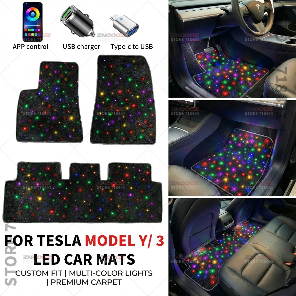 For Tesla Model Y 3 USB Car LED Starry Sky Foot Mat Car Starry Sky Light Auto Fiber Optic Lights Atmosphere Lamp Music Control