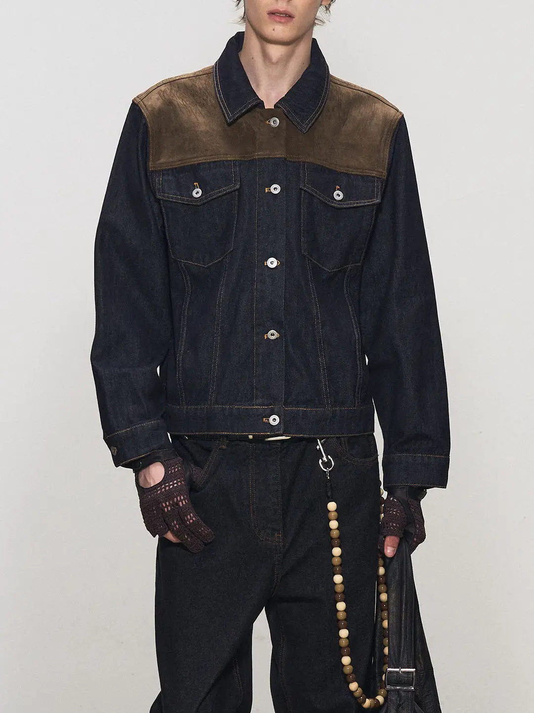 American Retro Washed Suede Trim Denim Jacket for Men Women Spring Fall Loose Casual Coat with Contrast Collar Cowboy Workwear
