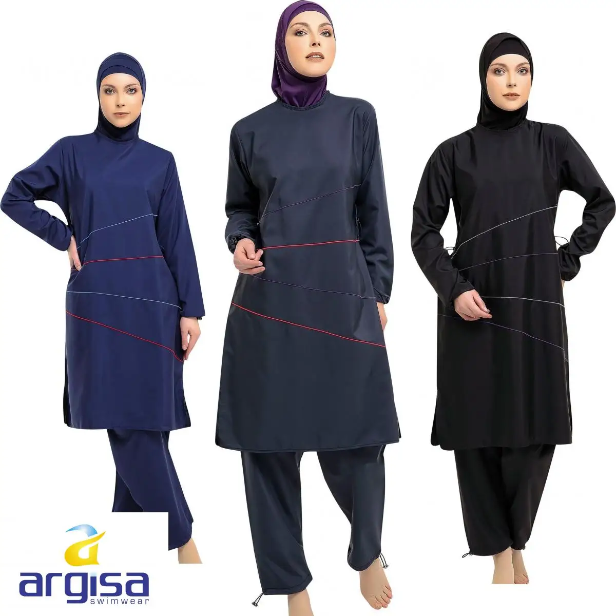 Argisa 7116 Extra Long Sleeve Hidden Zipper Full Burkini Muslim Swimwear S-XXXL Hijab Islamic Swimsuit Turkey Women Blue GRAY