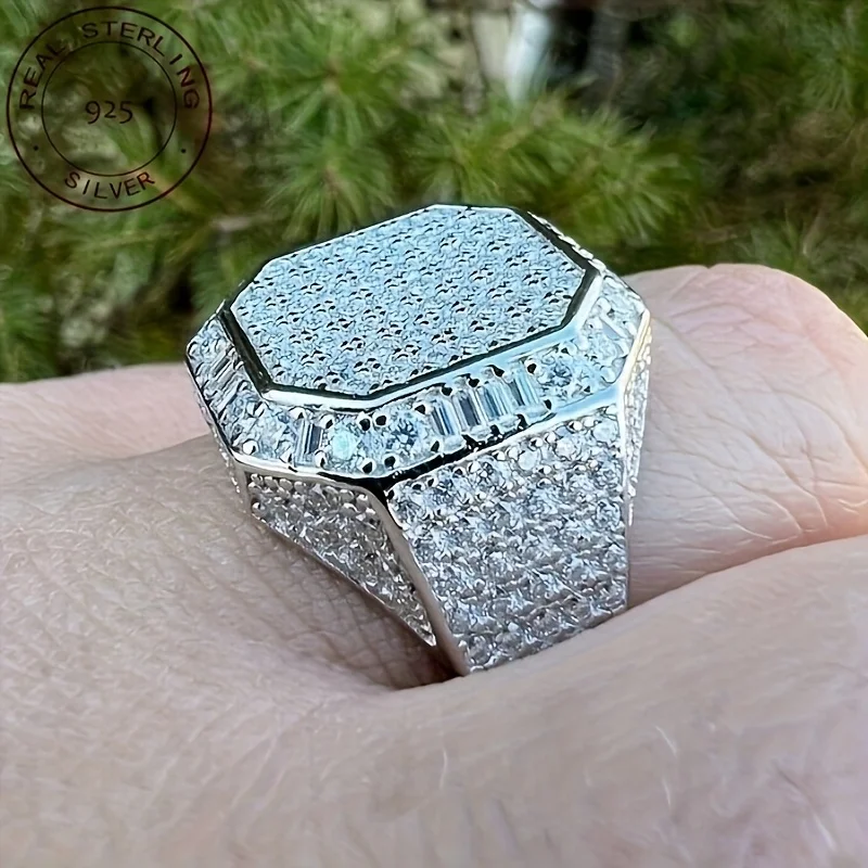 2025 جديد عصري للرجال مثلج خارج الزركون المثمن الهيب هوب العنقودية الخنصر الصلبة 925 فضة خاتم الزواج الفرقة