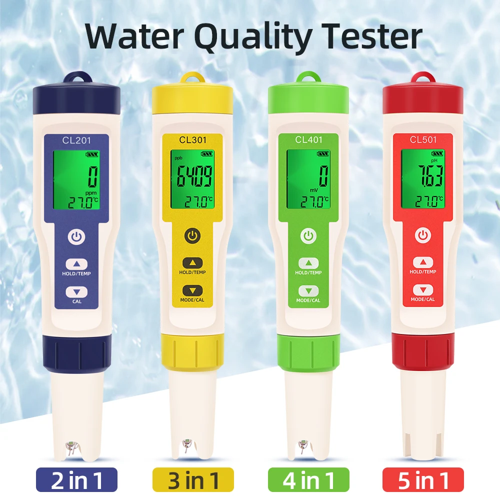 PH Chlorine Meter 2 in1/3 in 1/4 in 1/5 in 1 Water Quality Testing Pen Monitor CL2 Measuring For Pool Aquarium Aquaculture