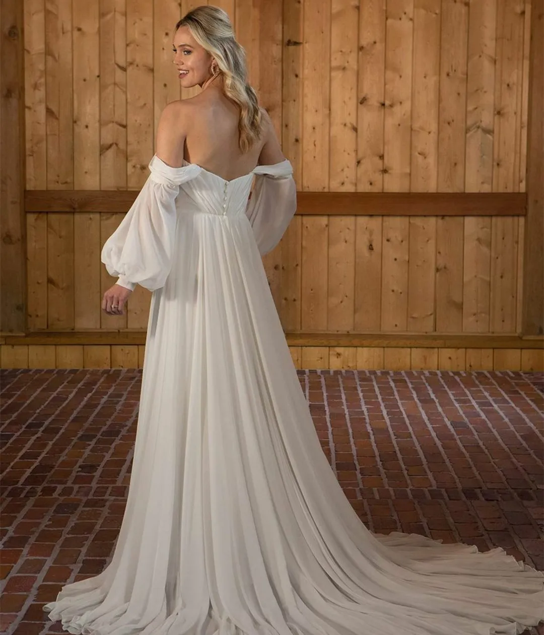 맞춤형 롱 스위트하트 쉬폰 웨딩드레스 슬릿 A라인 아이보리 스윕 트레인 버튼 백 브라이덜 가운 여성용