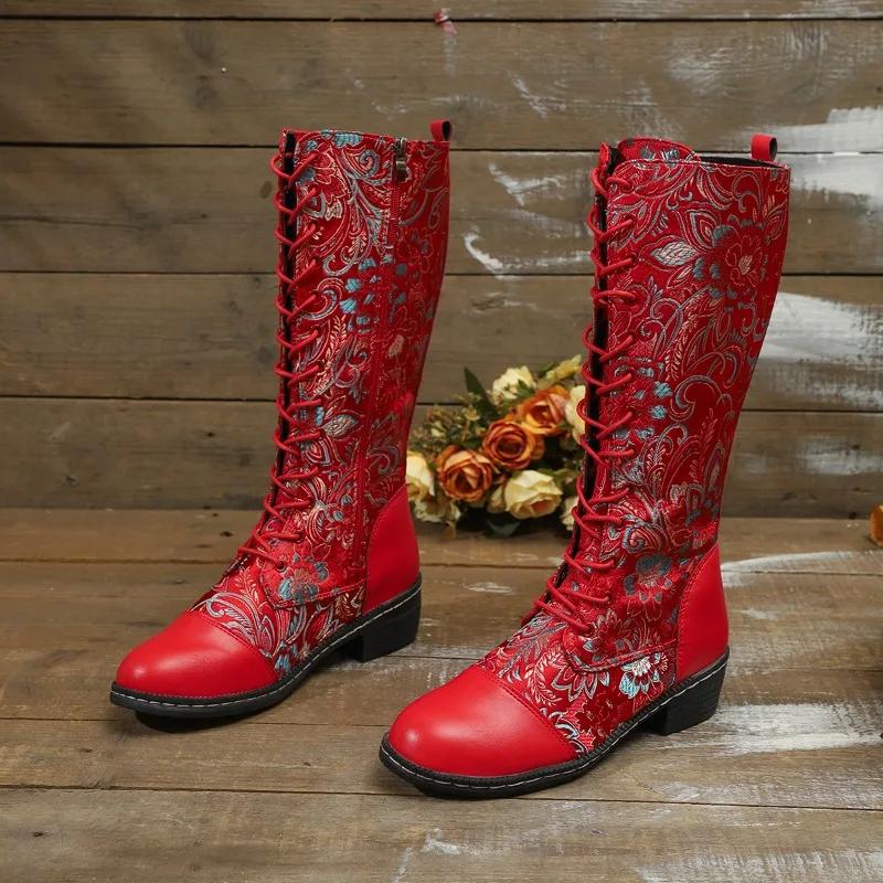 

European and American Denim Plus Size Women's Boots Knight Vintage Embroidered Pointed Toe Mid-