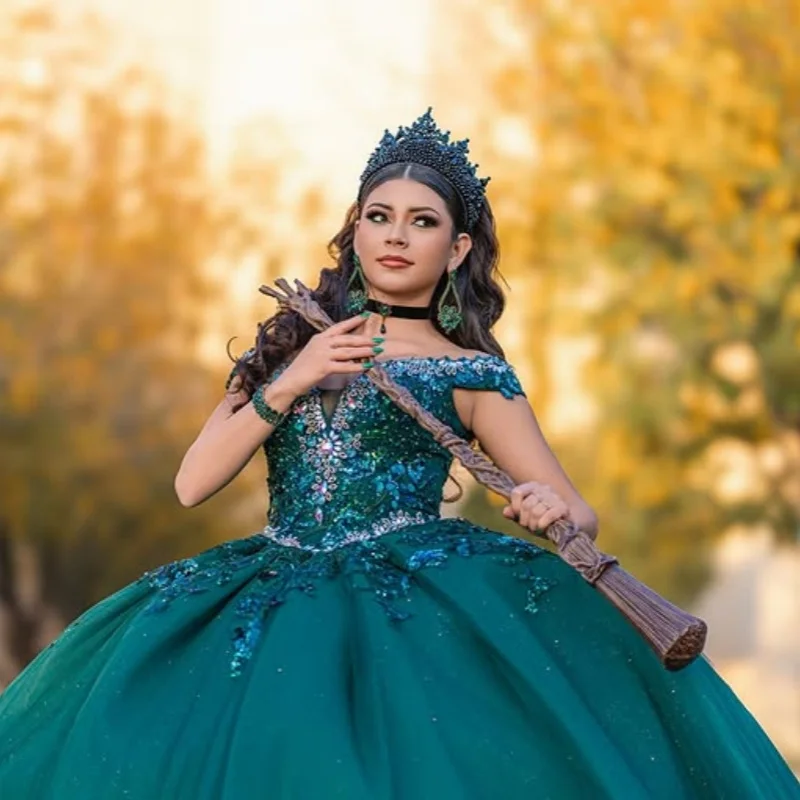 Блестящее черновато-зеленое платье Quinceanera с открытыми плечами по индивидуальному заказу, тюлевое платье с кристаллами и аппликацией, платья de 15, Quinceanera