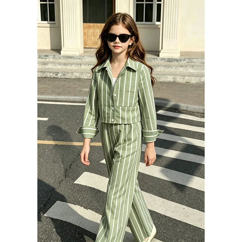 Girls 8-12 Spring Autumn Striped Two Piece Outfit, Lapel Cropped Shirt Elastic Waist Wide Leg Pants Kids Casual Daily Suit
