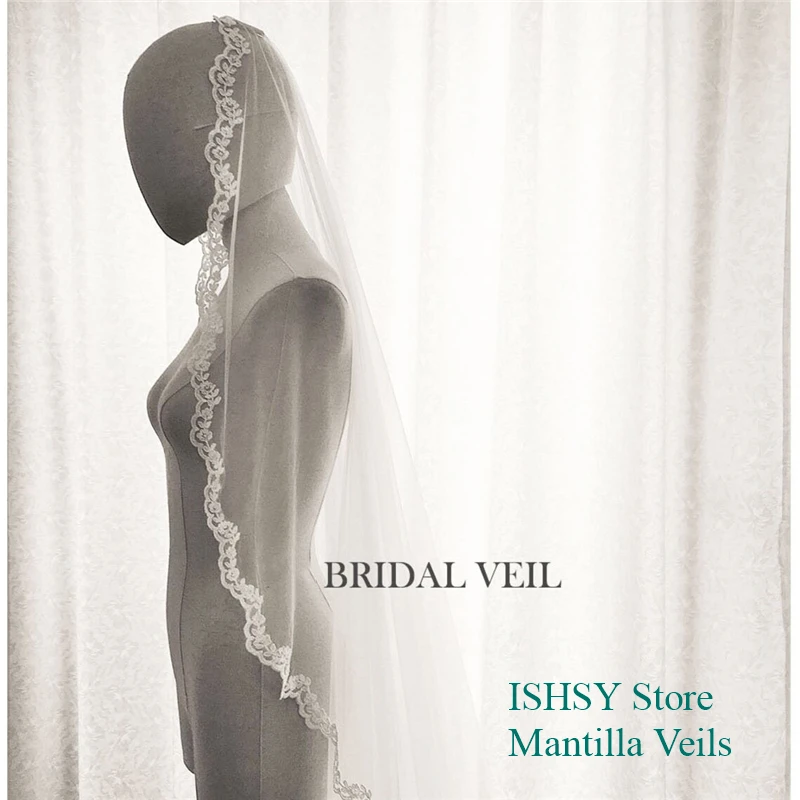 

Уникальная индивидуальная свадебная фата Chantilly Mantilla, аксессуары для невесты, церковный собор, длинный кончик пальца, короткая слоновая кость