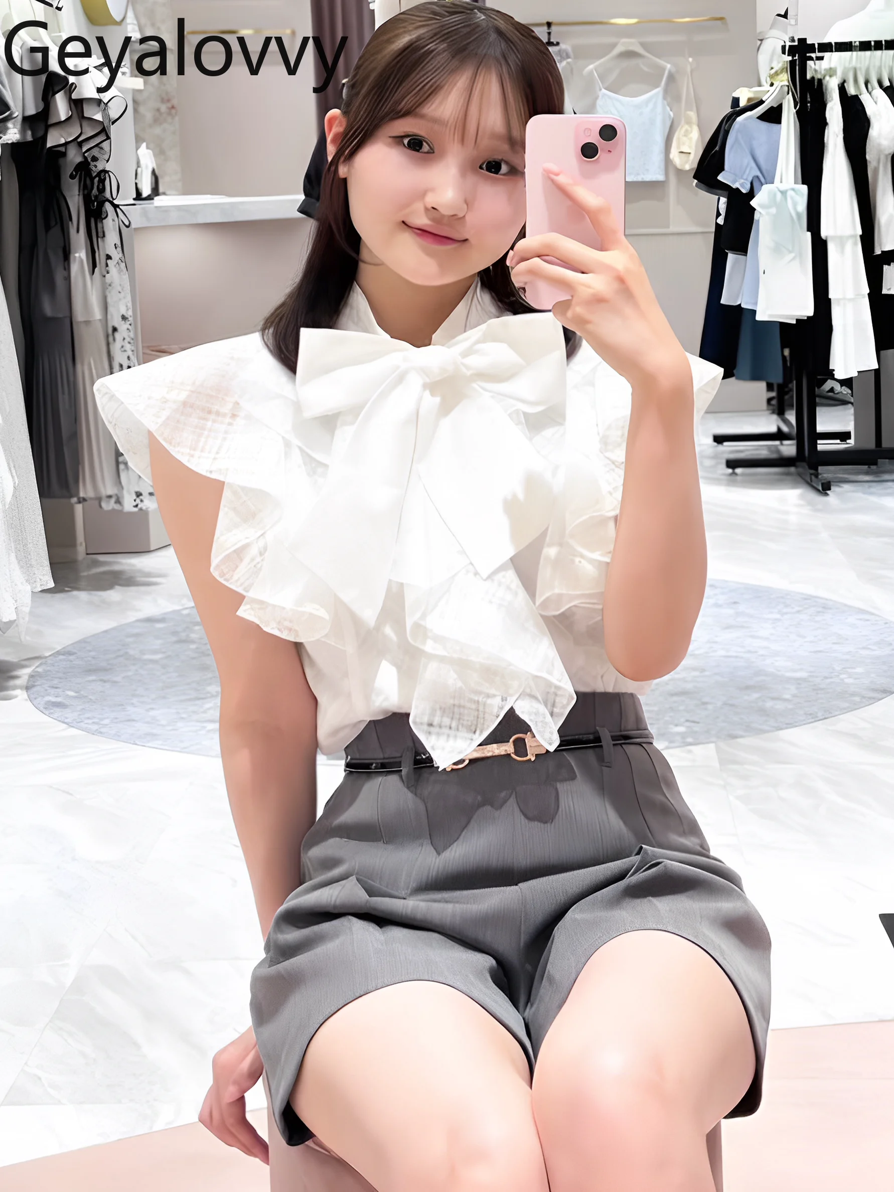 2025 nuevo estilo japonés blusas de Color sólido a cuadros borde con volantes con cordones cárdigan con lazo Top para mujer camisa blanca versátil para ir al trabajo