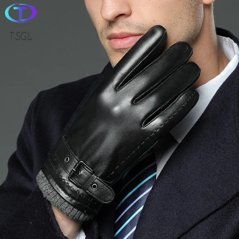 Leather Gloves for Men Winter Warm Fleece Touch Screen Driving and Riding Business Real Sheepskin Glove