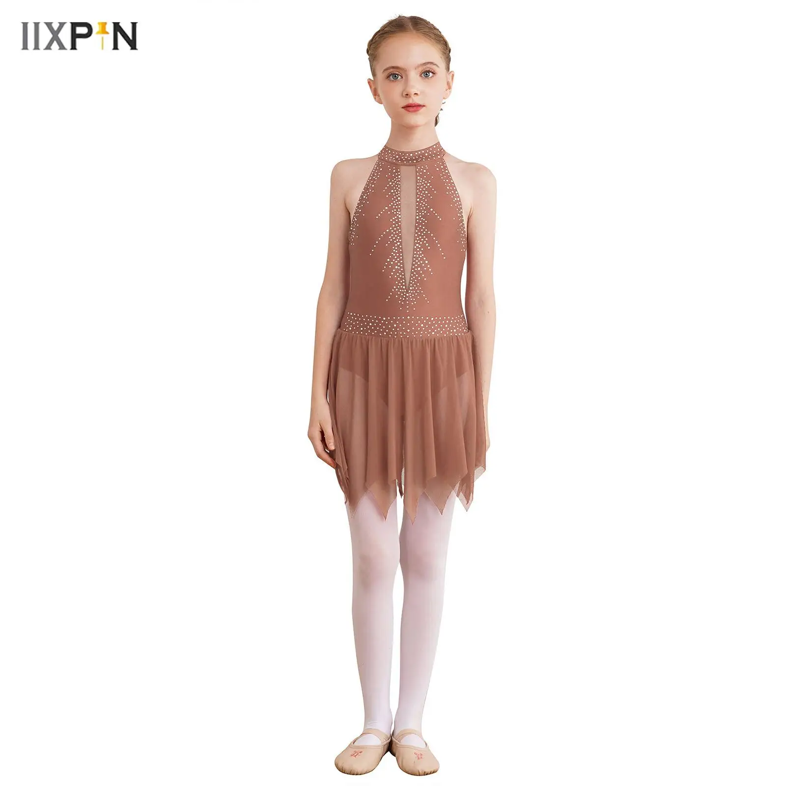 

Kids Girl Mesh Sleeveless Figure Skating Dress 2025 Rhythmic Gymnastics Leotard Ballet Jersey Shiny Rhinestone Lyrical Dancewear