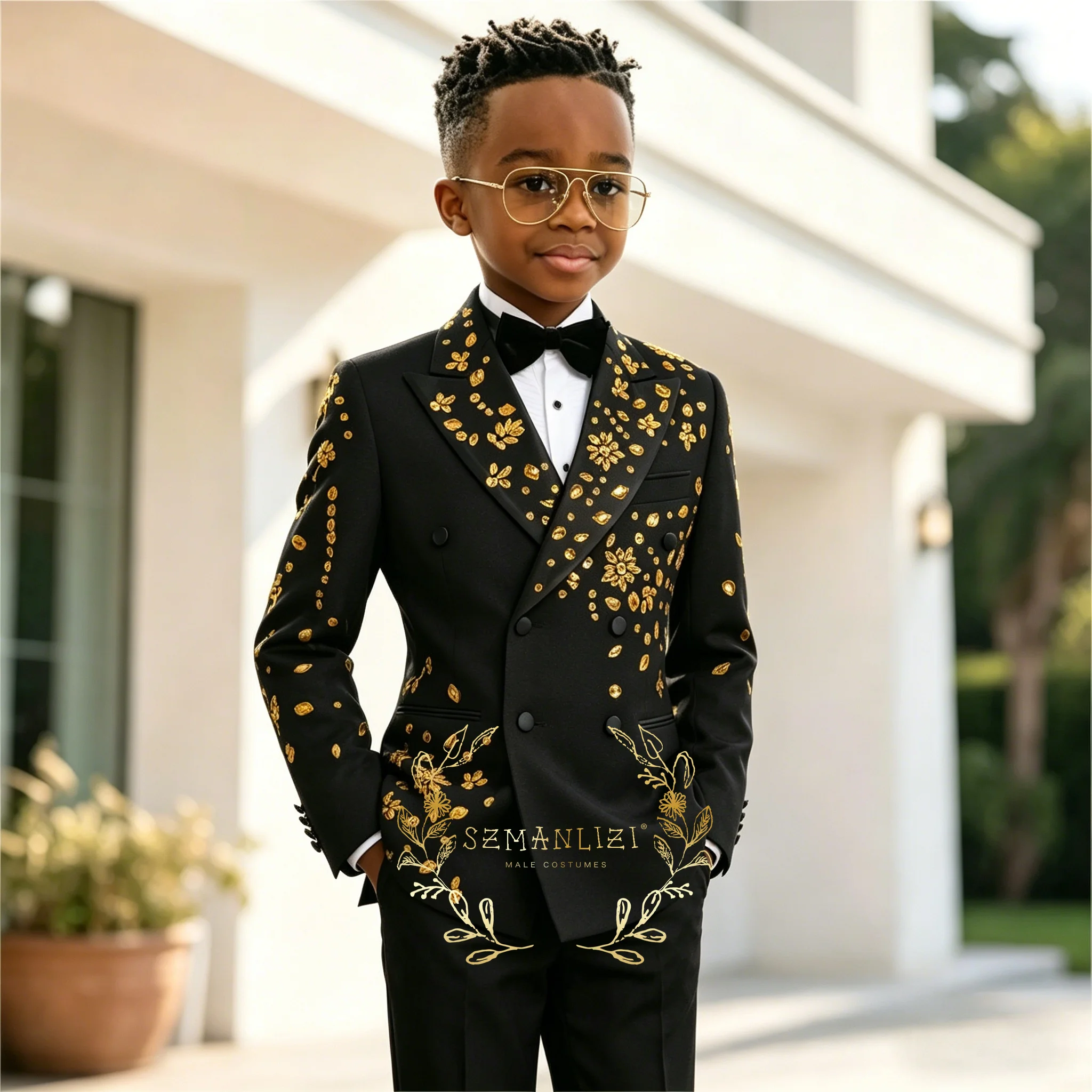 

Black Gold Crystals Kids Suit 2 Piece Double Breasted Blazer For Boys Wedding Tuxedo Jacket Pants Formal Clothes 2-16 Years Old