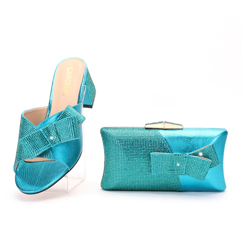 2025 New Fashion Designs Peacock Blue Women Casual Summer Chunky Sandal With Clutch Italian Shoes and Bag Set Slippers