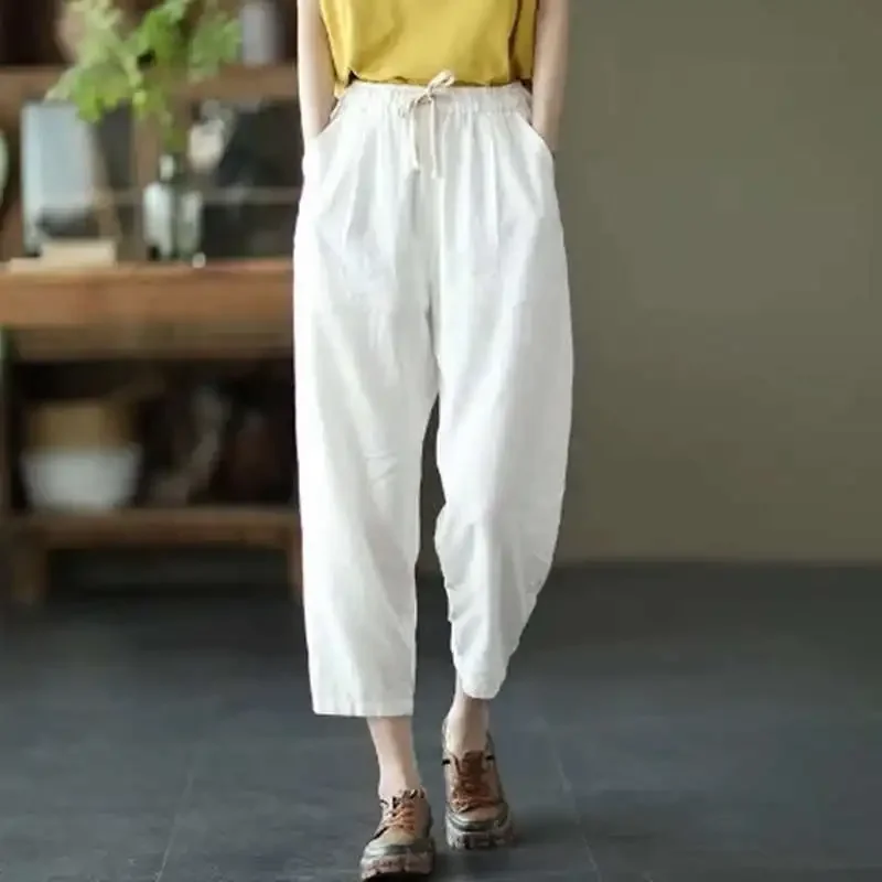 Elastic Waist Ankle Length Womens Summer Harem Pants Vintage Cotton Linen Capri Casual Loose Plus Size Candy Colors Baggy Pants