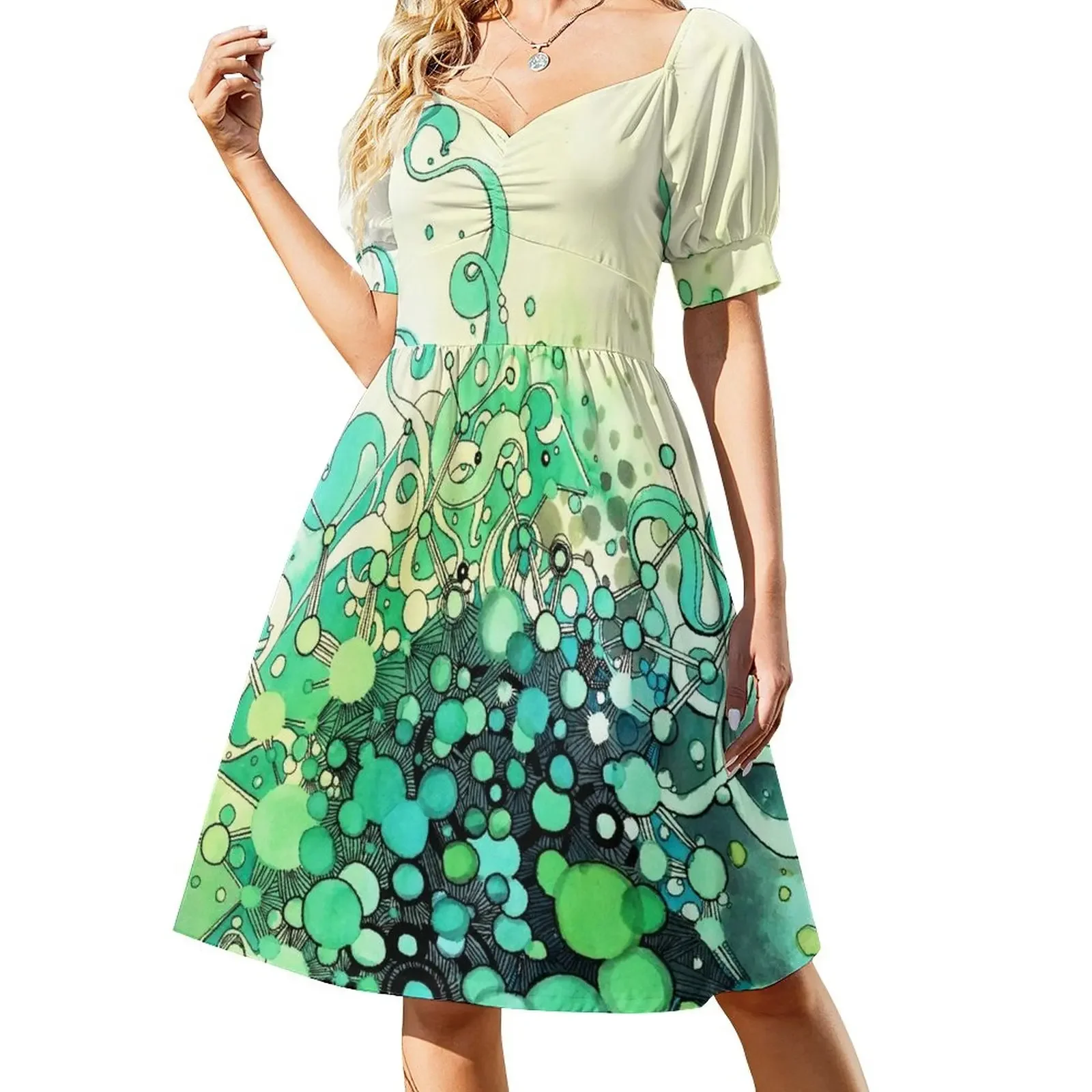 

Visible Connections - Watercolor and Pen Art Short-Sleeved Dress dresses korean style dress korean style