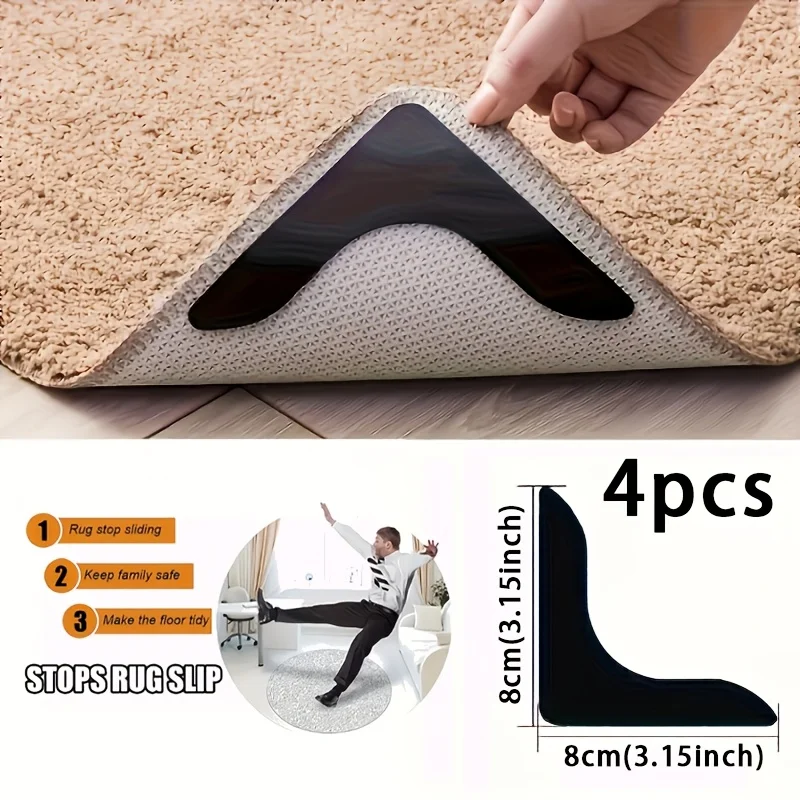 4/8/12/16pcs Rug Gripper Anti‑Slip Carpet Corner Stickers 8cm(3.15inch), Reusable Non‑Curling Mat Tape for Floor Rugs.