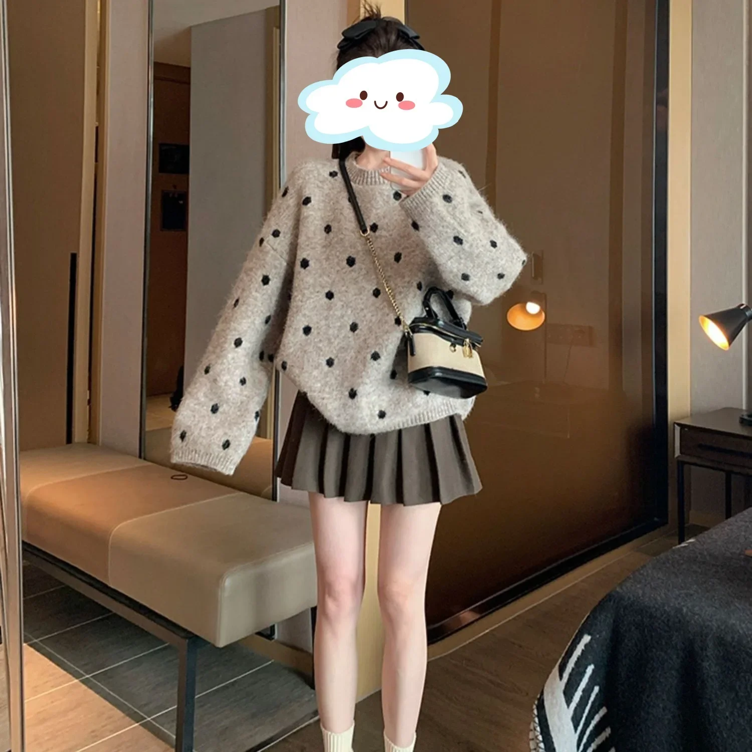 Suéter de punto holgado con cuello redondo para mujer, ropa de abrigo versátil y cómoda con estampado de lunares para otoño e invierno, estilo invernal, grueso