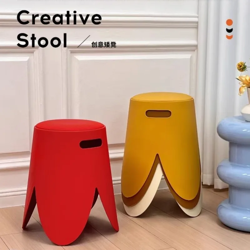 MOMO 2pcs Nordic Stackable Low Stool Household Plastic Soft Bag Round Stool Simple Thickened Dining Table Stool Dressing Stool