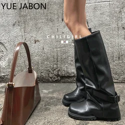 Black Women Winter Long Boots Knee High Booties Ladies Shoes Platform Thick Heel Real Leather Soft Boots Buckle Winter Shoes