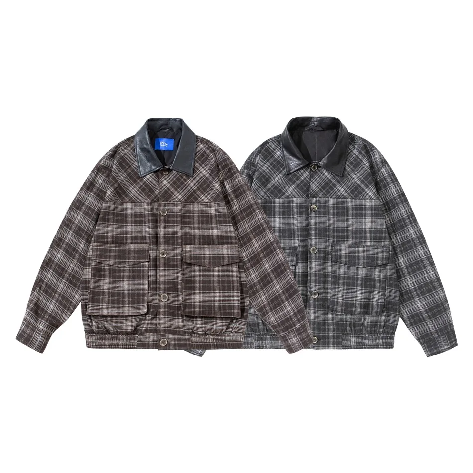 

Autumn Splice Leather Collar Plaid Coat Men Women Streetwear Vintage Casual Loose Lapel Plaid Cargo Jacket Couple Bomber Coat