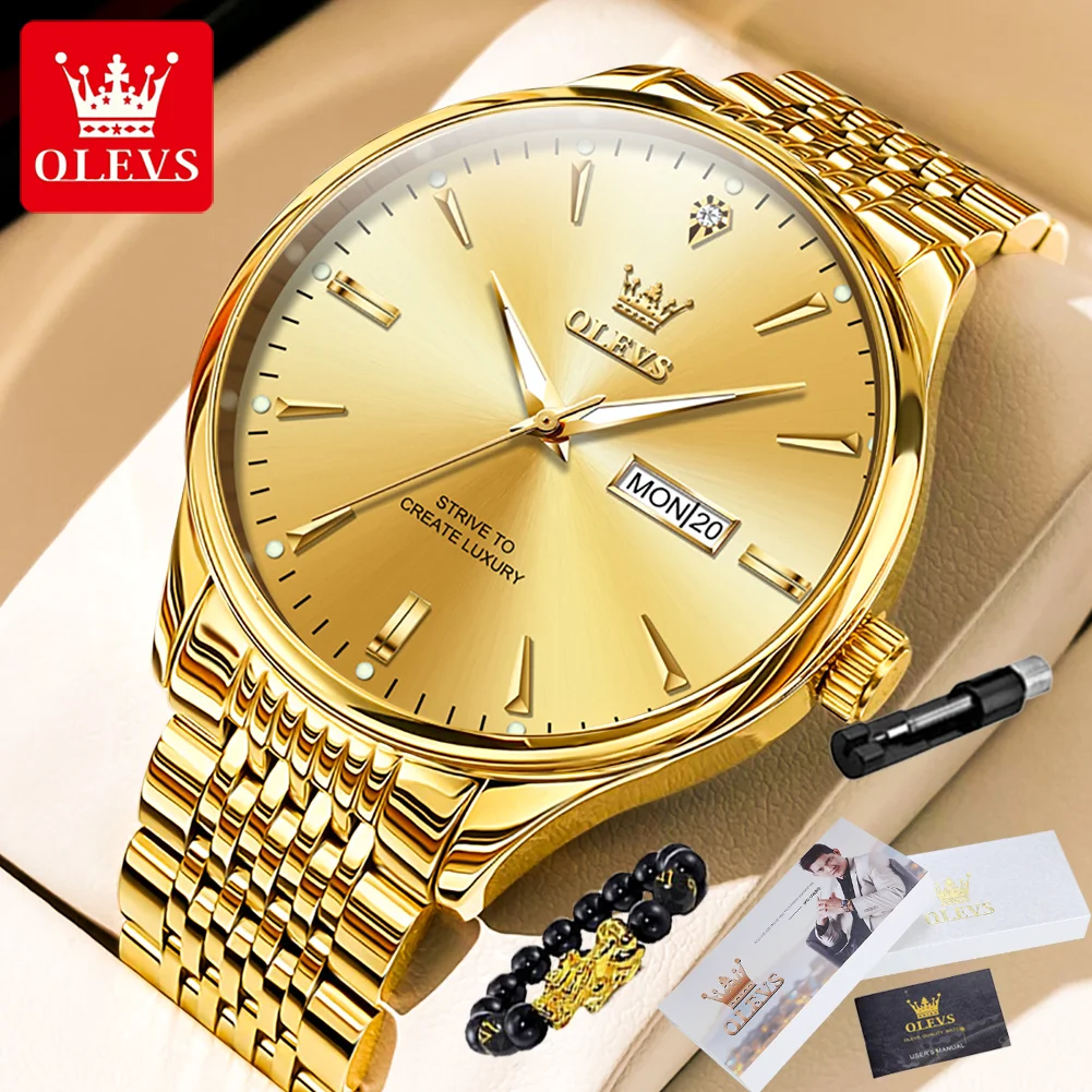 OLEVS 2929 Men\'s Watch Classic Fashion Business Waterproof Stainless Steel Double Calendar Quartz Watch Luxury Brand Men\'s Watch