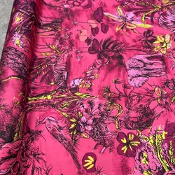 European And American Fashion Pink Jungle Animals Printed Twill Natural Silk Fabric For Women Dress Blouse Handmade DIY Cloth