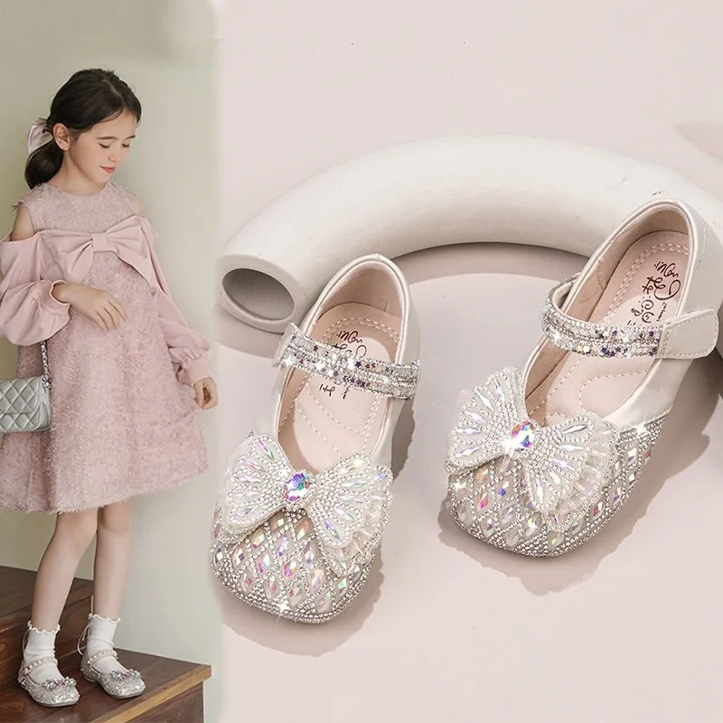 Children's Leather Shoes Spring and Autumn New Crystal Shining Water Diamond Single Shoes Little Girl Soft Sole Princess Shoes