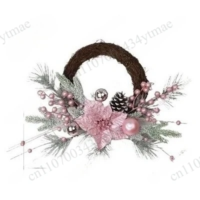 Pink Christmas Rattan Wreath PE Pine Needle Flocking Snow‑Cream Electroplated Ball Holiday Home Wall Decoration